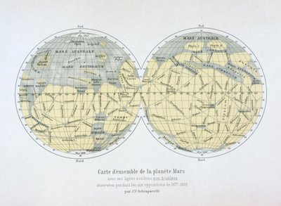 Zusammengesetzte Karte des Planeten Mars, basierend auf Beobachtungen während sechs Oppositionen in den Jahren 1877-88 von Giovanni Schiaparelli